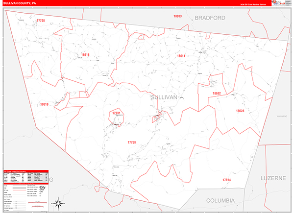 Sullivan County, PA Wall Map Red Line Style
