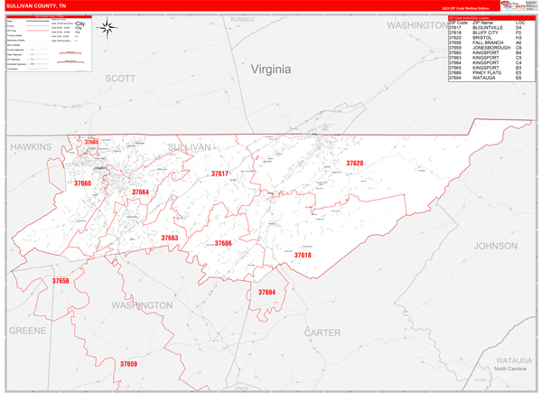 Sullivan County TN Zip Code Wall Map Red Line Style by MarketMAPS