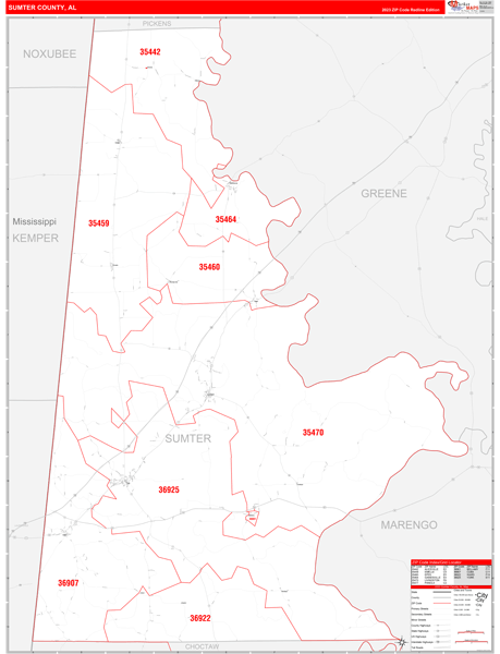 Sumter County, AL Wall Map Red Line Style