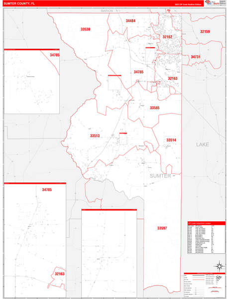 Sumter County, FL Wall Map Red Line Style