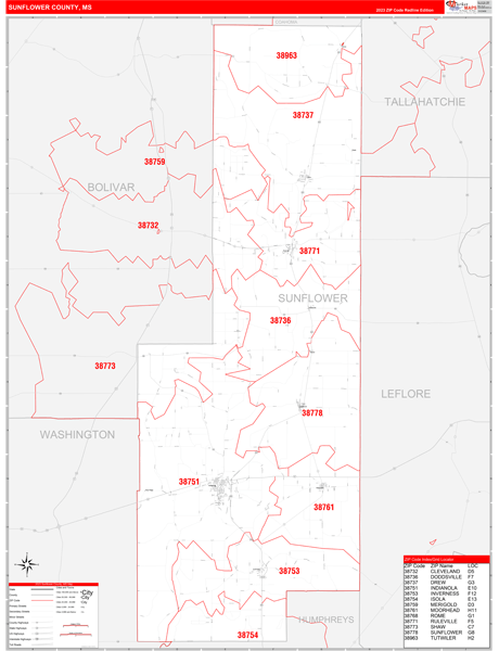 Sunflower County Digital Map Red Line Style