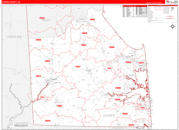 Sussex County De Zip Code Wall Map Red Line Style By Marketmaps Mapsales 4823