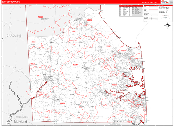 Sussex County, DE Zip Code Wall Map