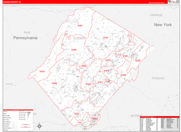 Sussex County, NJ Zip Code Map