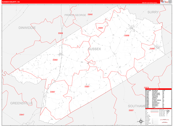 Sussex County, VA Zip Code Map