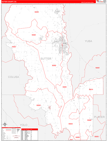 Sutter County, CA Map Red Line Style