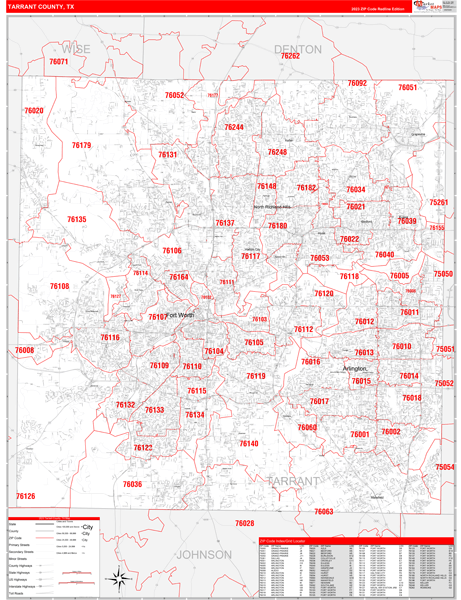 Tarrant County Tx Zip Code Wall Map Red Line Style By Marketmaps