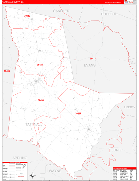 Tattnall County, GA Wall Map Red Line Style