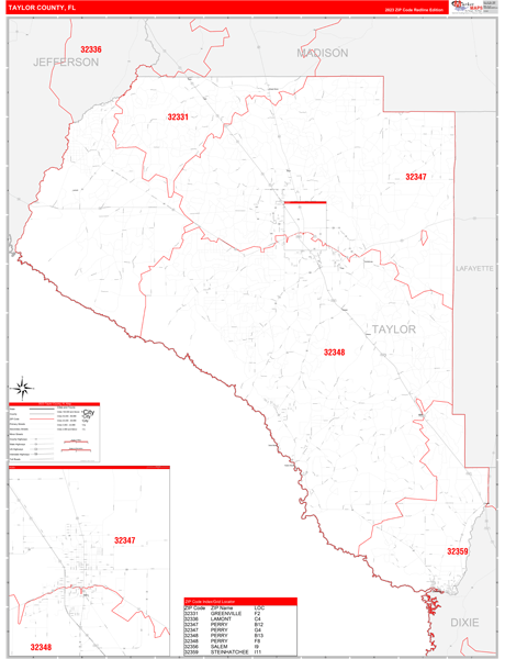 Taylor County Wall Map Red Line Style