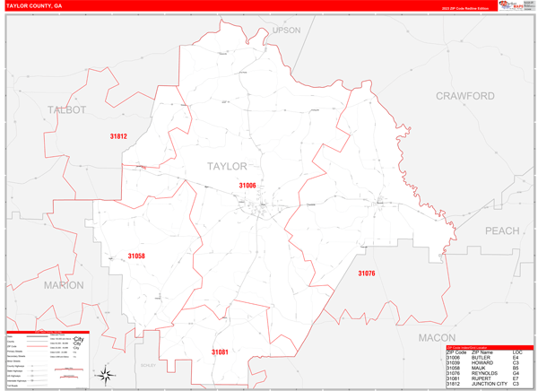 Taylor County Wall Map Red Line Style