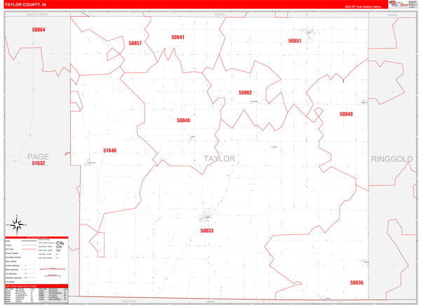 Taylor County, IA Wall Map Red Line Style