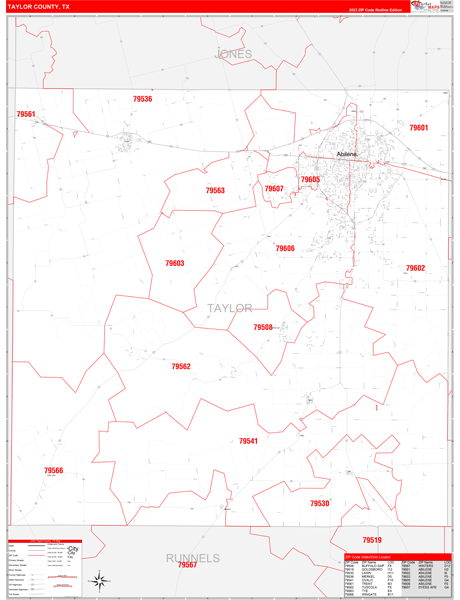 Taylor County TX Zip Code Wall Map Red Line Style by MarketMAPS MapSales