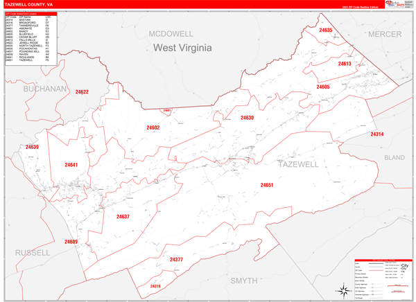 Tazewell County Wall Map Red Line Style
