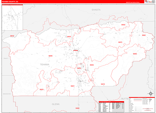 Tehama County, CA Map Red Line Style