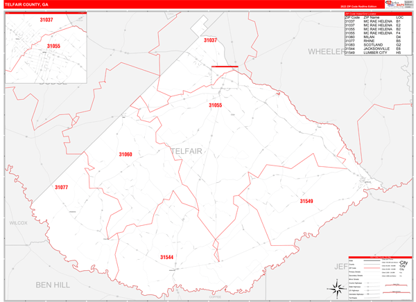 Telfair County, GA Zip Code Wall Map