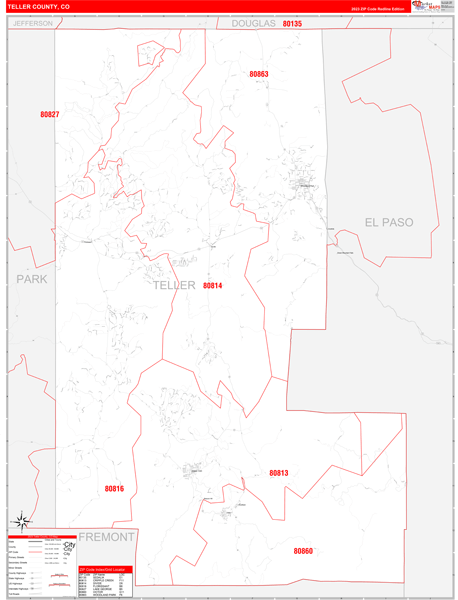 Teller County Wall Map Red Line Style