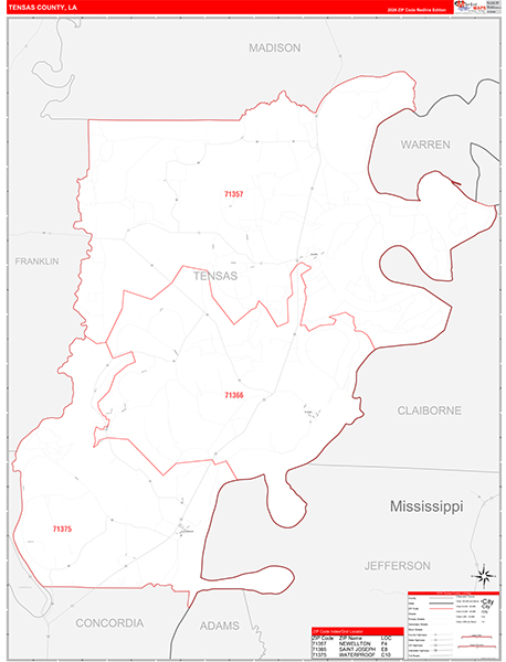 Tensas Parish (County), LA Zip Code Wall Map