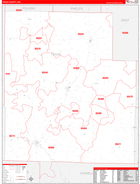 Texas County, MO Zip Code Wall Map