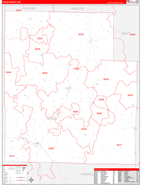 Texas County, MO Map Red Line Style