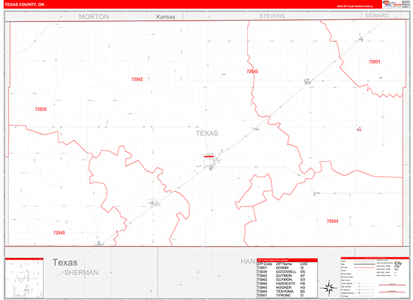 Texas County, OK Zip Code Wall Map