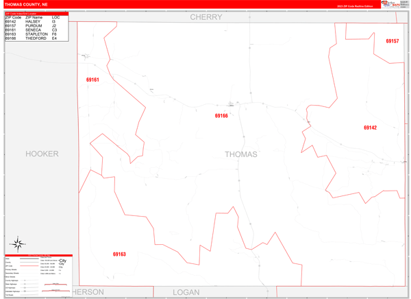 Thomas County, NE Wall Map Red Line Style