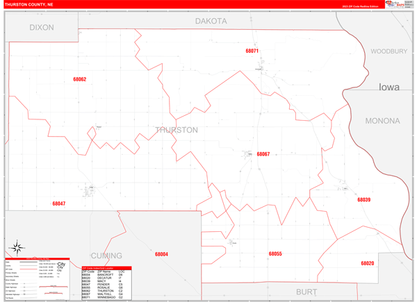 Thurston County, NE Wall Map Red Line Style