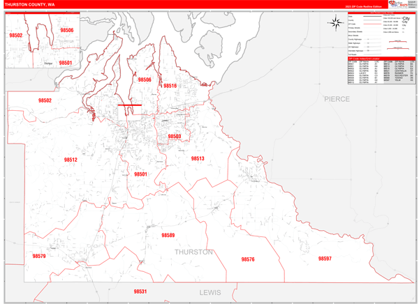 Thurston County Wall Map Red Line Style