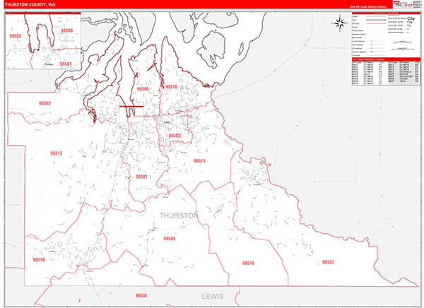 Thurston County, WA Wall Map Red Line Style