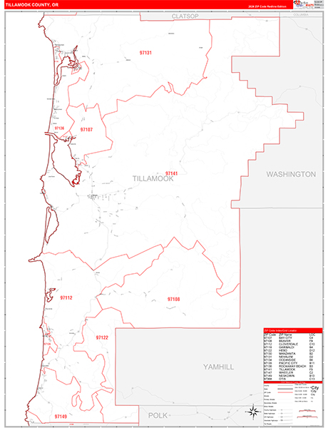 Tillamook County, OR Zip Code Wall Map