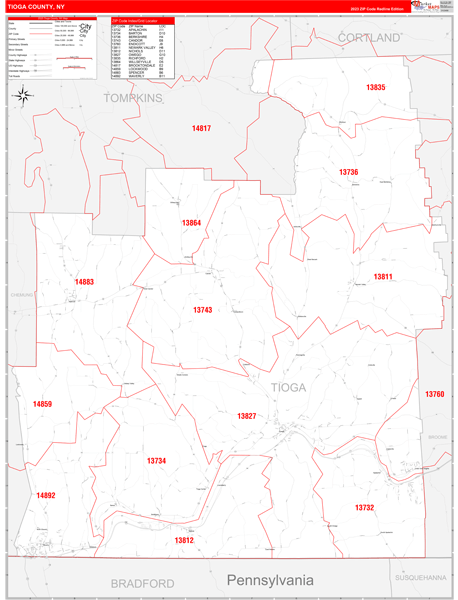 Tioga County, NY Zip Code Map