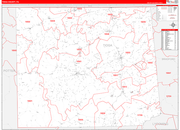 Tioga County, PA Wall Map Red Line Style