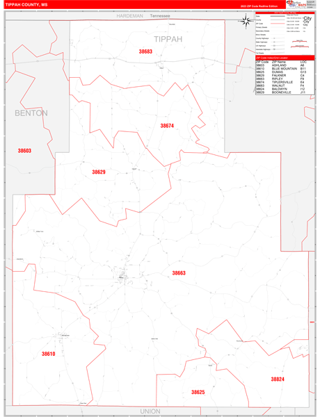 Tippah County, MS Wall Map Red Line Style