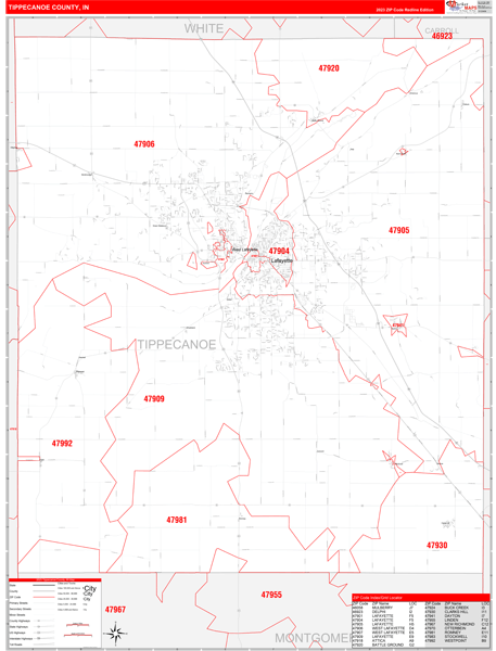 Tippecanoe County, IN Wall Map Red Line Style