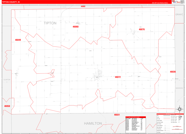 Tipton County, IN Zip Code Wall Map