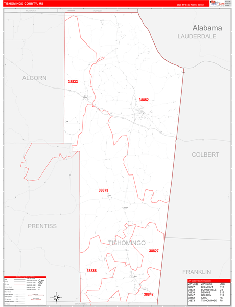 Tishomingo County, MS Zip Code Wall Map