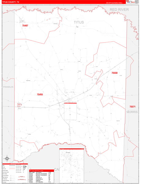 Titus County, TX Wall Map Red Line Style