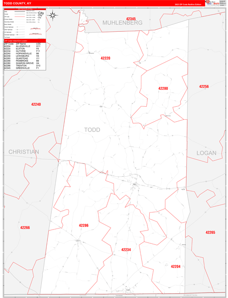 Todd County, KY Wall Map Red Line Style