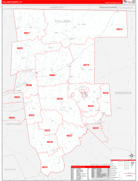 Tolland County Wall Map Red Line Style