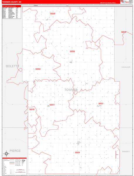Towner County, ND Wall Map Red Line Style