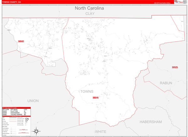 Towns County Wall Map Red Line Style