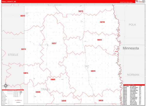 Traill County, ND Zip Code Wall Map