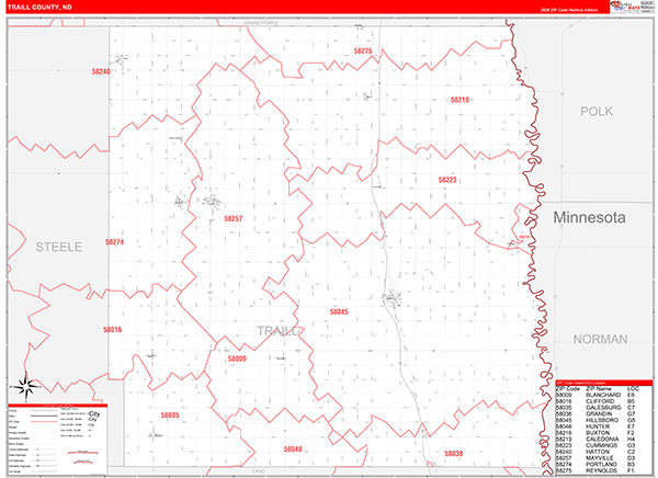 Traill County, ND Wall Map Red Line Style