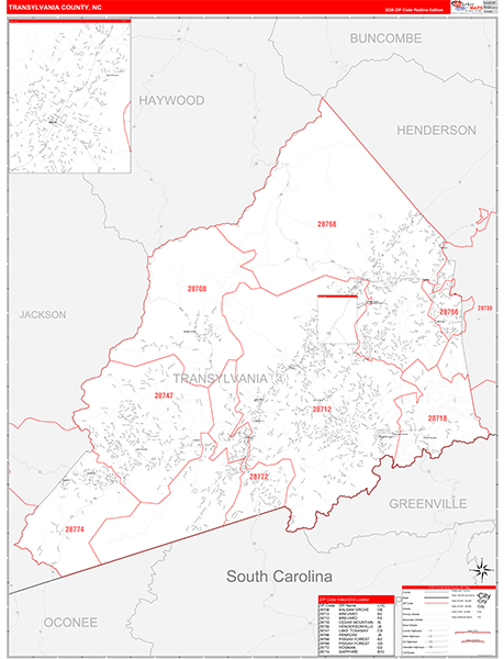 Transylvania County, NC Zip Code Wall Map