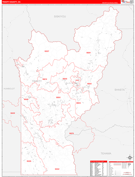 Trinity County, CA Map Red Line Style