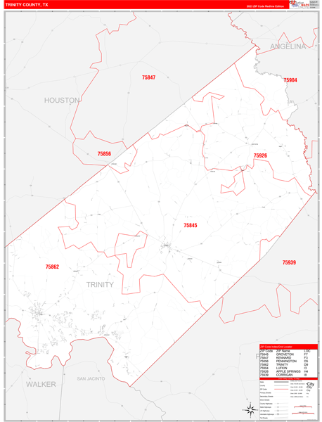 Trinity County, TX Wall Map Red Line Style