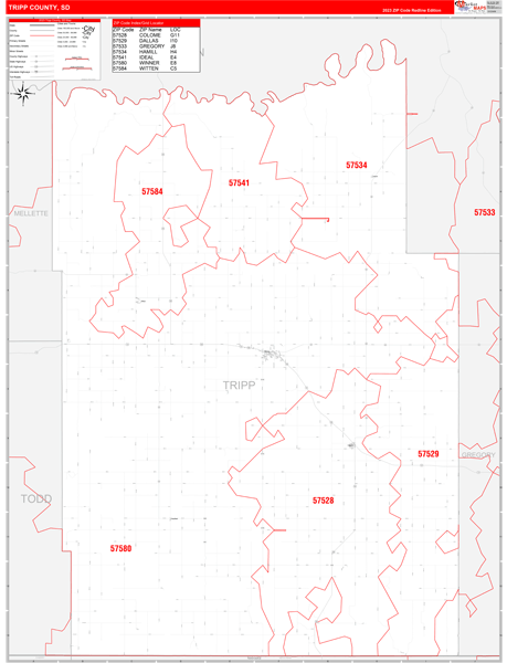 Tripp County, SD Wall Map Red Line Style