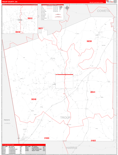 Troup County, GA Zip Code Wall Map Red Line Style by MarketMAPS - MapSales