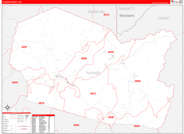 Tucker County, WV Zip Code Wall Map Red Line Style by MarketMAPS - MapSales