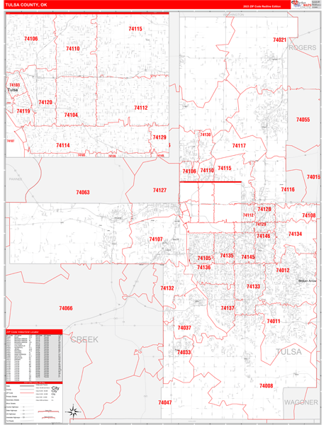 Tulsa County, OK Wall Map Red Line Style