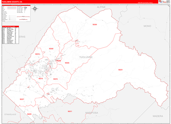 Tuolumne County, CA Map Red Line Style